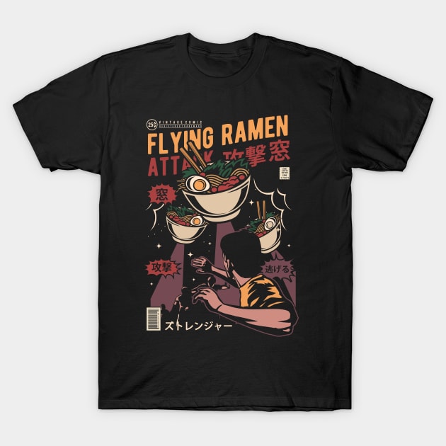 Retro Ramen Noodle Japanese Flying Ramen Attack Ramen Lover T-Shirt by anubis1986